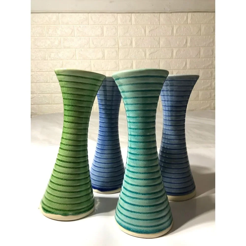 Pair Vintage IKEA Skamt Ceramic Taper Candle Holder Blue or Green Y2K Postmodern